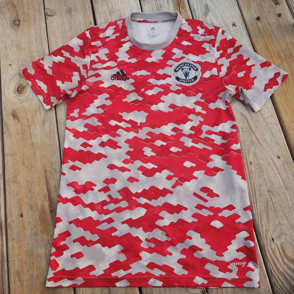 Mens Adidas Manchester United Trainning Soccer Jersey Sz S Red Camo Print 28"L